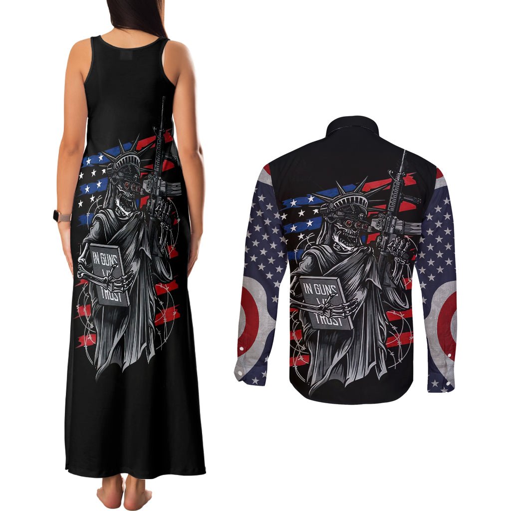 American Skull Couples Matching Tank Maxi Dress and Long Sleeve Button Shirts In Gun We Trust DT01 - The Mazicc - S - S - Black