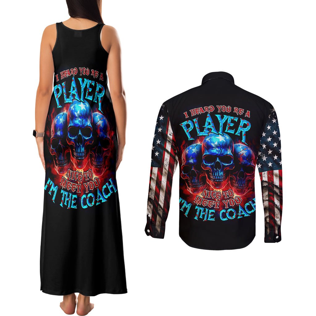 American Skull Couples Matching Tank Maxi Dress and Long Sleeve Button Shirts Nice To Meet You Im The Coach DT01 - The Mazicc - S - S - Black