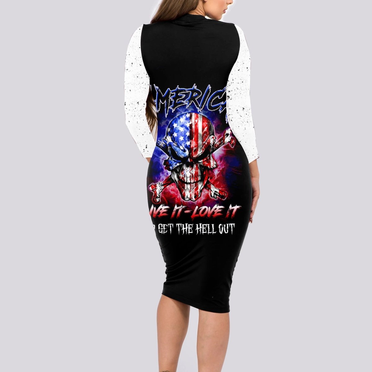 American Skull Long Sleeve Bodycon Dress American Live It Love It Or Get The Hell Out DT01 - The Mazicc - Long Dress - S - Black