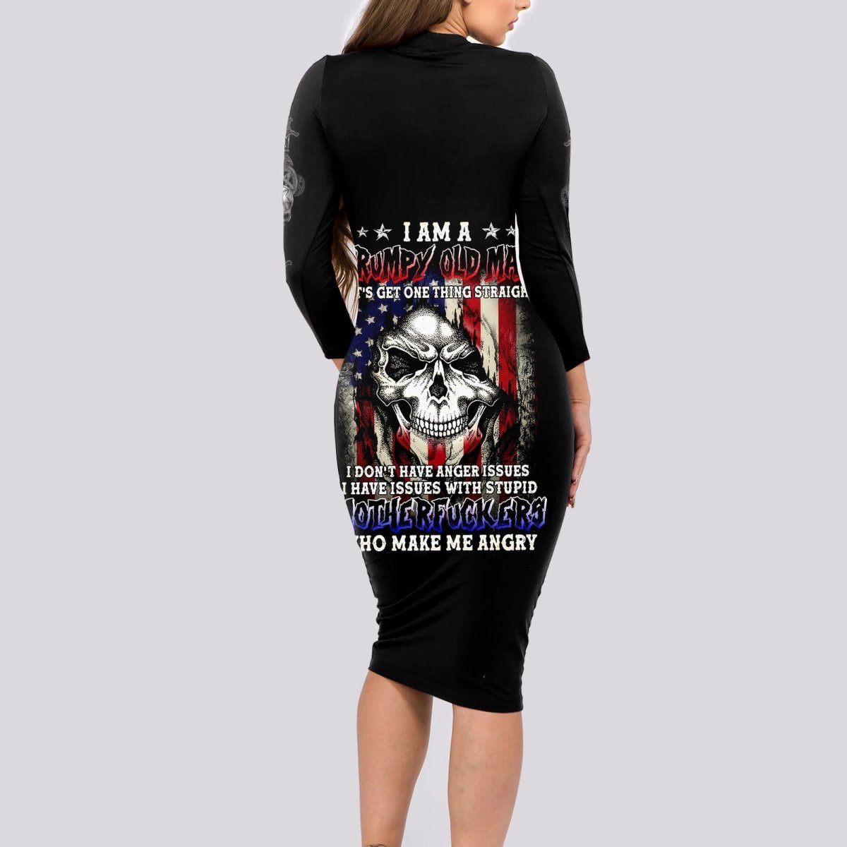 American Skull Long Sleeve Bodycon Dress Grumpy Old Man Motherfuckers Who Make Me Angry DT01 - The Mazicc - Long Dress - S - Black