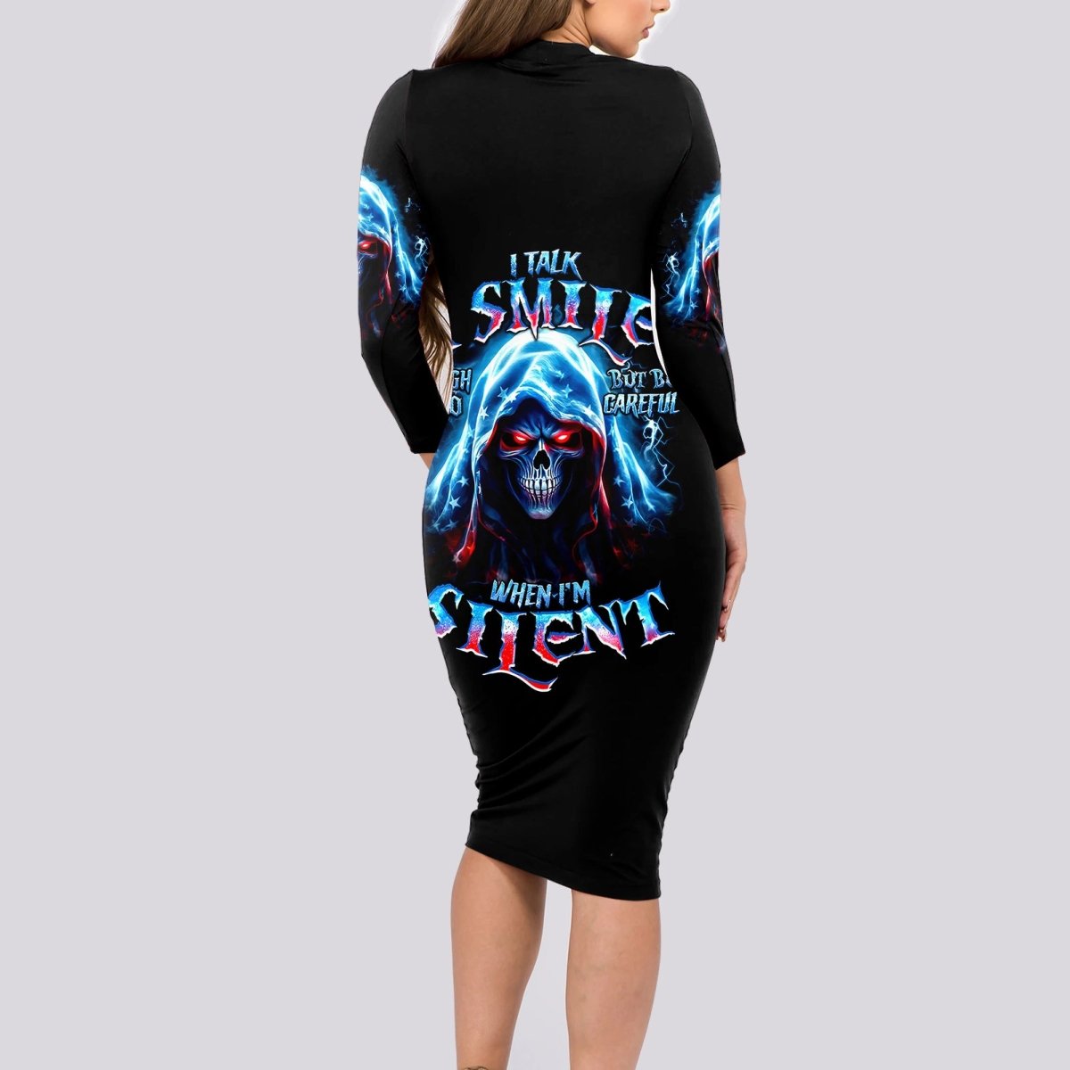 American Skull Long Sleeve Bodycon Dress I Talk I Smile But Be Carefull When I Silent DT01 - The Mazicc - Long Dress - S - Black