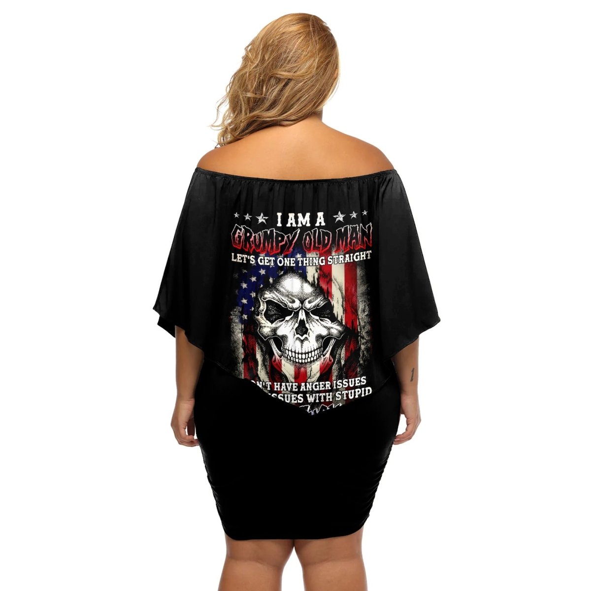 American Skull Off Shoulder Short Dress Grumpy Old Man Motherfuckers Who Make Me Angry DT01 - The Mazicc - Women - S - Black