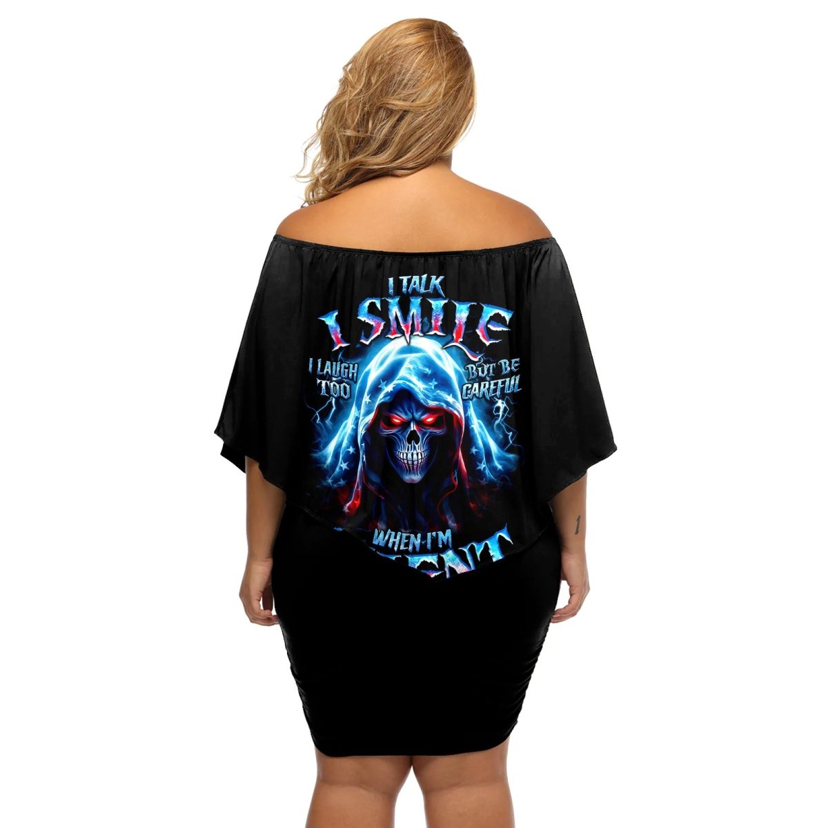 American Skull Off Shoulder Short Dress I Talk I Smile But Be Carefull When I Silent DT01 - The Mazicc - Women - S - Black