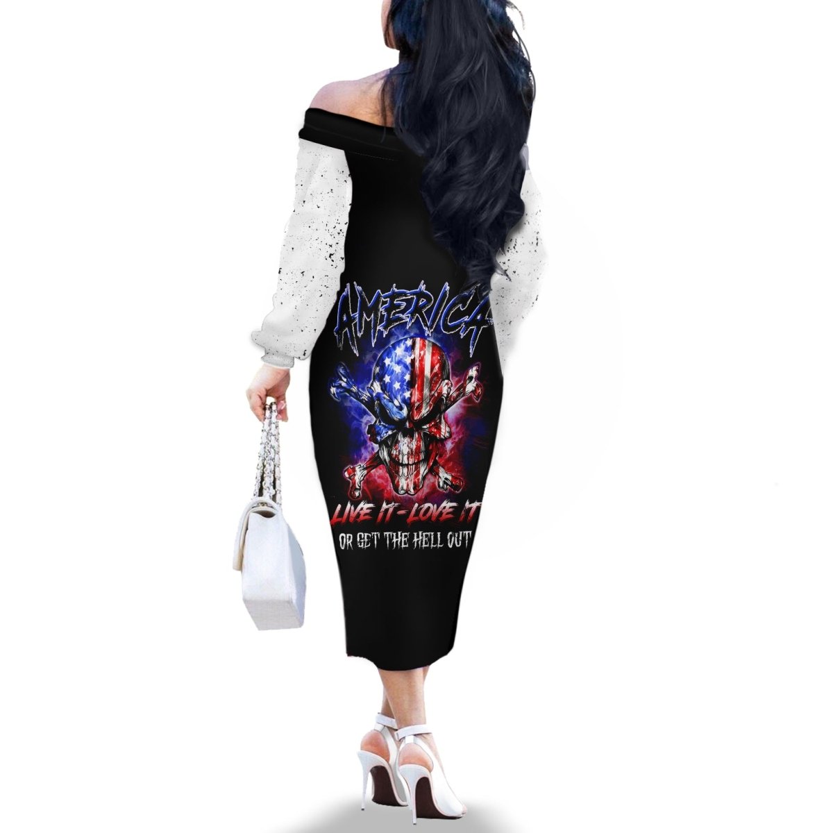 American Skull Off The Shoulder Long Sleeve Dress American Live It Love It Or Get The Hell Out DT01 - The Mazicc - Women - S - Black