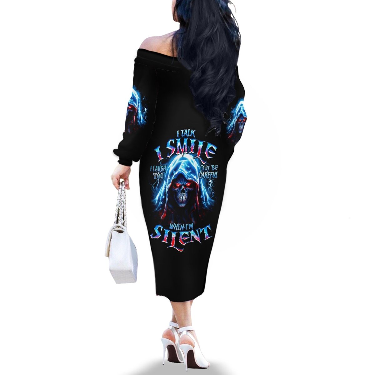 American Skull Off The Shoulder Long Sleeve Dress I Talk I Smile But Be Carefull When I Silent DT01 - The Mazicc - Women - S - Black