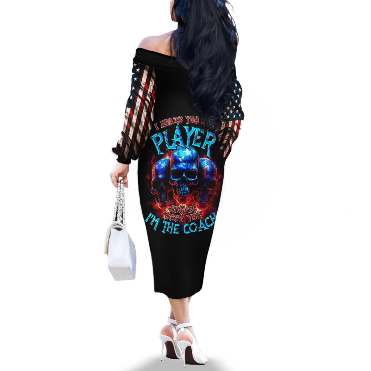 American Skull Off The Shoulder Long Sleeve Dress Nice To Meet You Im The Coach DT01 - The Mazicc - Women - S - Black