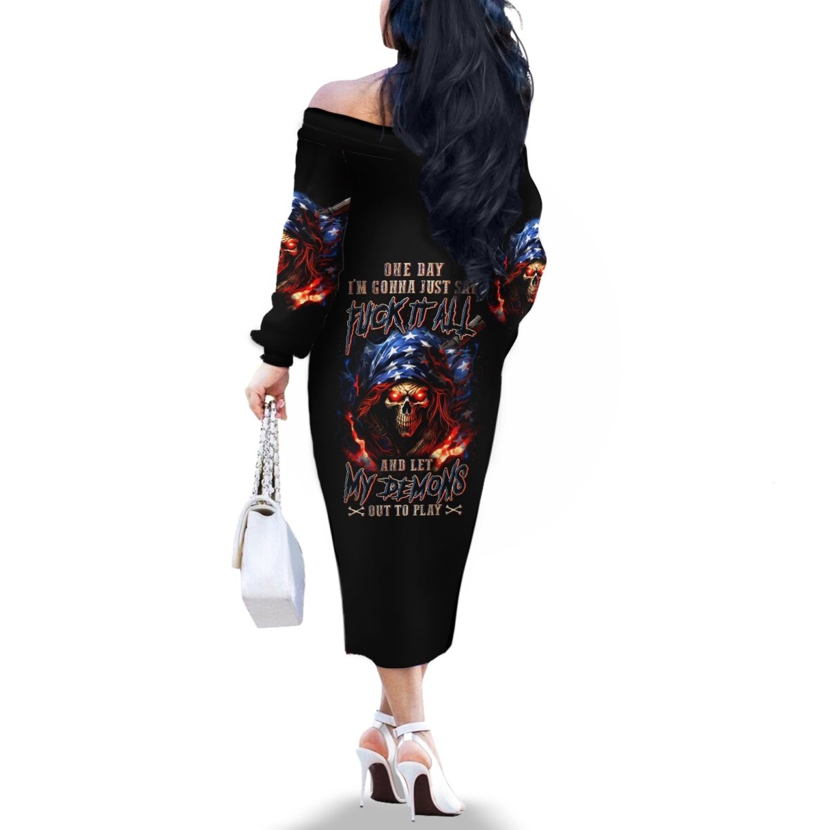 American Skull Off The Shoulder Long Sleeve Dress One Day I Gonna Fuck It All DT01 - The Mazicc - Women - S - Black