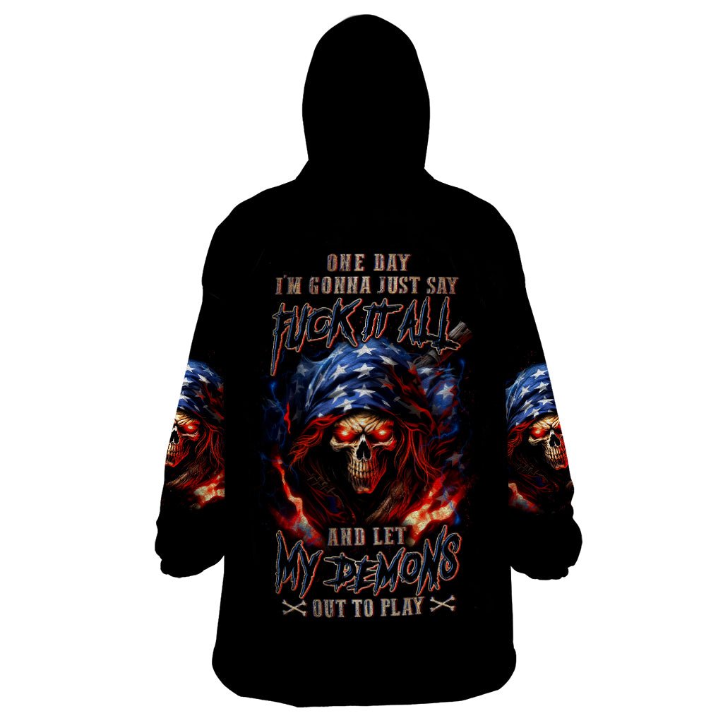 American Skull Wearable Blanket Hoodie One Day I Gonna Fuck It All DT01 - The Mazicc - Adult - One Size - Black