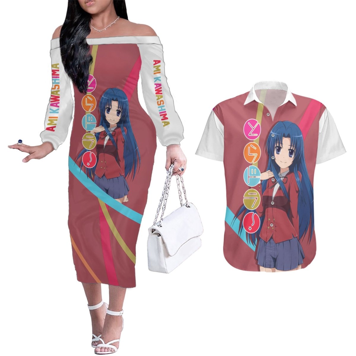 Ami Kawashima Couples Matching Off The Shoulder Long Sleeve Dress and Hawaiian Shirt Toradora TS04 - The Mazicc - S - S - Multicolor