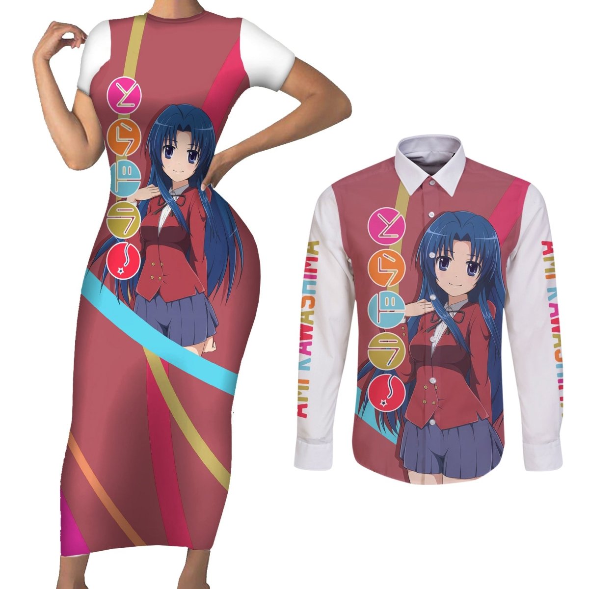 Ami Kawashima Couples Matching Short Sleeve Bodycon Dress and Long Sleeve Button Shirt Toradora TS04 - The Mazicc - S - S - Multicolor