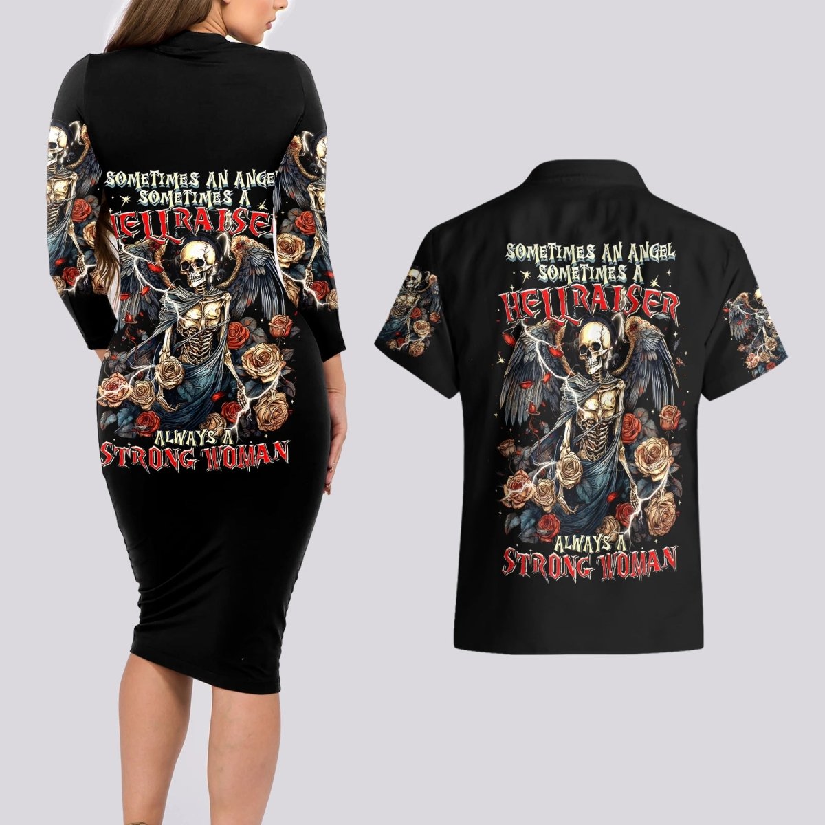 Angel Skull Couples Matching Long Sleeve Bodycon Dress and Hawaiian Shirt Sometimes An Angel Sometimes A Hellraiser DT01 - The Mazicc - S - S - Black