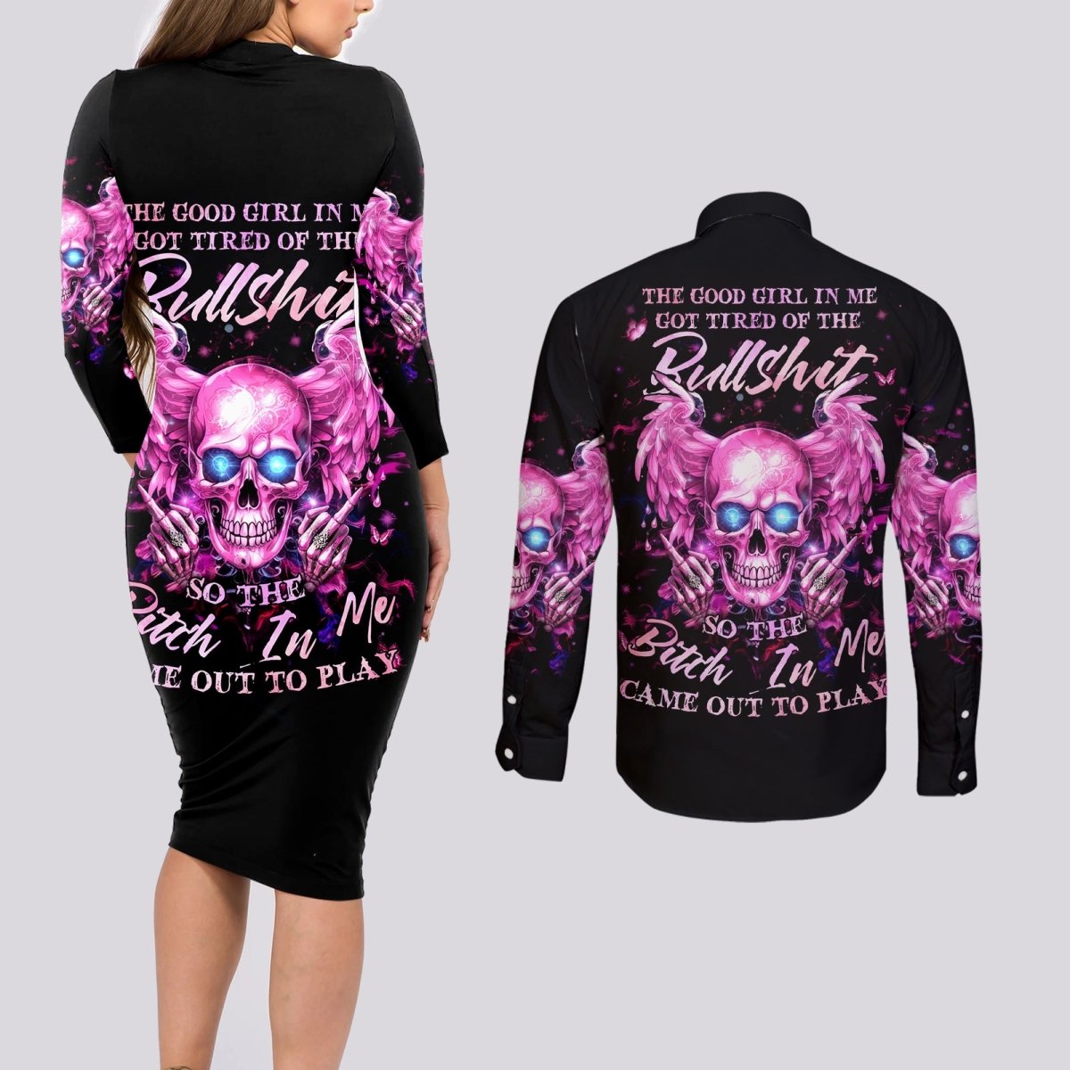 Angel Skull Couples Matching Long Sleeve Bodycon Dress and Long Sleeve Button Shirt The Good Girl In Me Got Tired Of The Bullshit DT01 - The Mazicc - S - S - Black