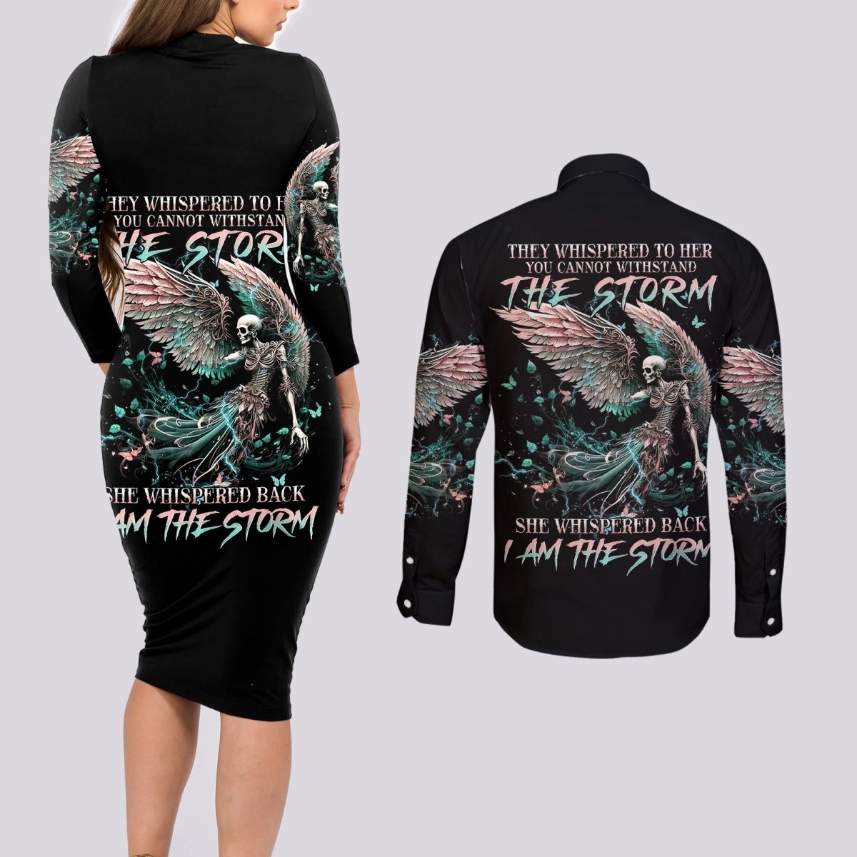 Angel Skull Couples Matching Long Sleeve Bodycon Dress and Long Sleeve Button Shirts She Whispered Back Iam The Storm DT01 - The Mazicc - S - S - Black