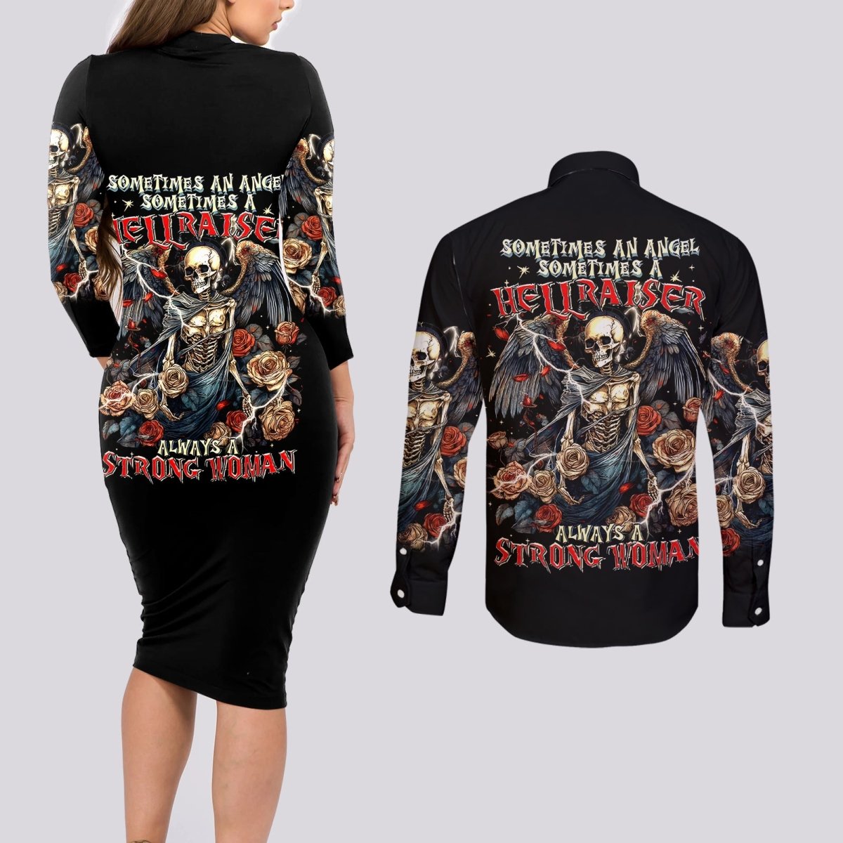 Angel Skull Couples Matching Long Sleeve Bodycon Dress and Long Sleeve Button Shirts Sometimes An Angel Sometimes A Hellraiser DT01 - The Mazicc - S - S - Black