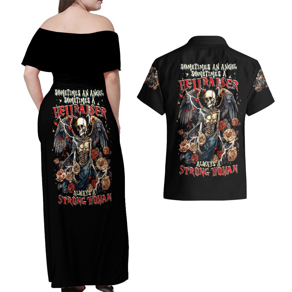 Angel Skull Couples Matching Off Shoulder Maxi Dress and Hawaiian Shirt Sometimes An Angel Sometimes A Hellraiser DT01 - The Mazicc - S - S - Black