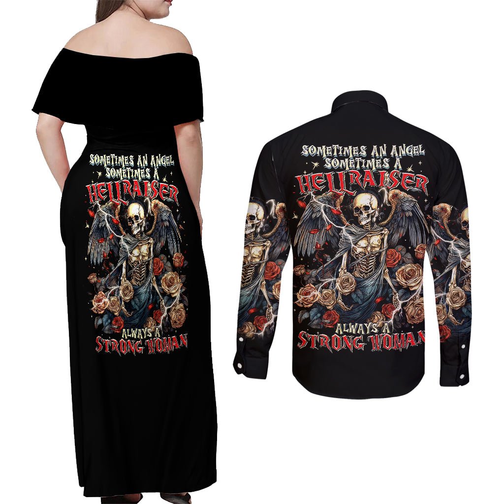 Angel Skull Couples Matching Off Shoulder Maxi Dress and Long Sleeve Button Shirts Sometimes An Angel Sometimes A Hellraiser DT01 - The Mazicc - S - S - Black