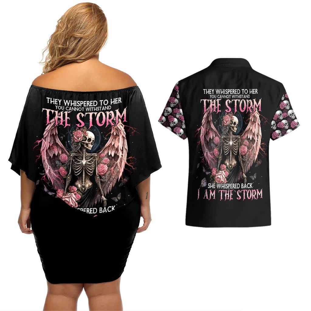 Angel Skull Couples Matching Off Shoulder Short Dress and Hawaiian Shirt She Whispered Back Iam The Storm DT01 - The Mazicc - S - S - Black