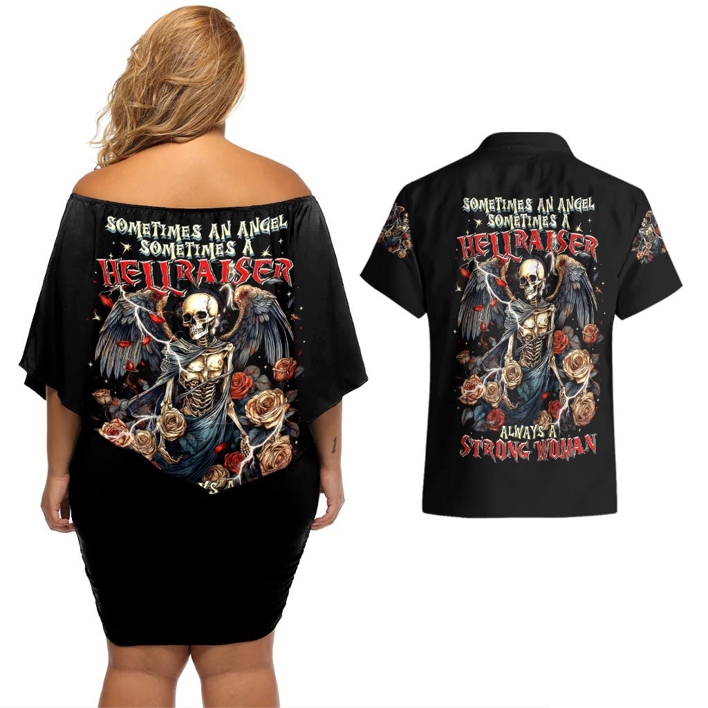 Angel Skull Couples Matching Off Shoulder Short Dress and Hawaiian Shirt Sometimes An Angel Sometimes A Hellraiser DT01 - The Mazicc - S - S - Black