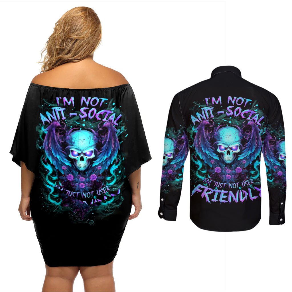 Angel Skull Couples Matching Off Shoulder Short Dress and Long Sleeve Button Shirt I'm Not Anti-Social I'm Just Not User Friendly DT01 - The Mazicc - S - S - Black