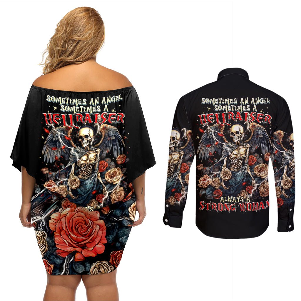 Angel Skull Couples Matching Off Shoulder Short Dress and Long Sleeve Button Shirt Sometimes An Angel Sometimes A Hellraiser DT01 - The Mazicc - S - S - Black