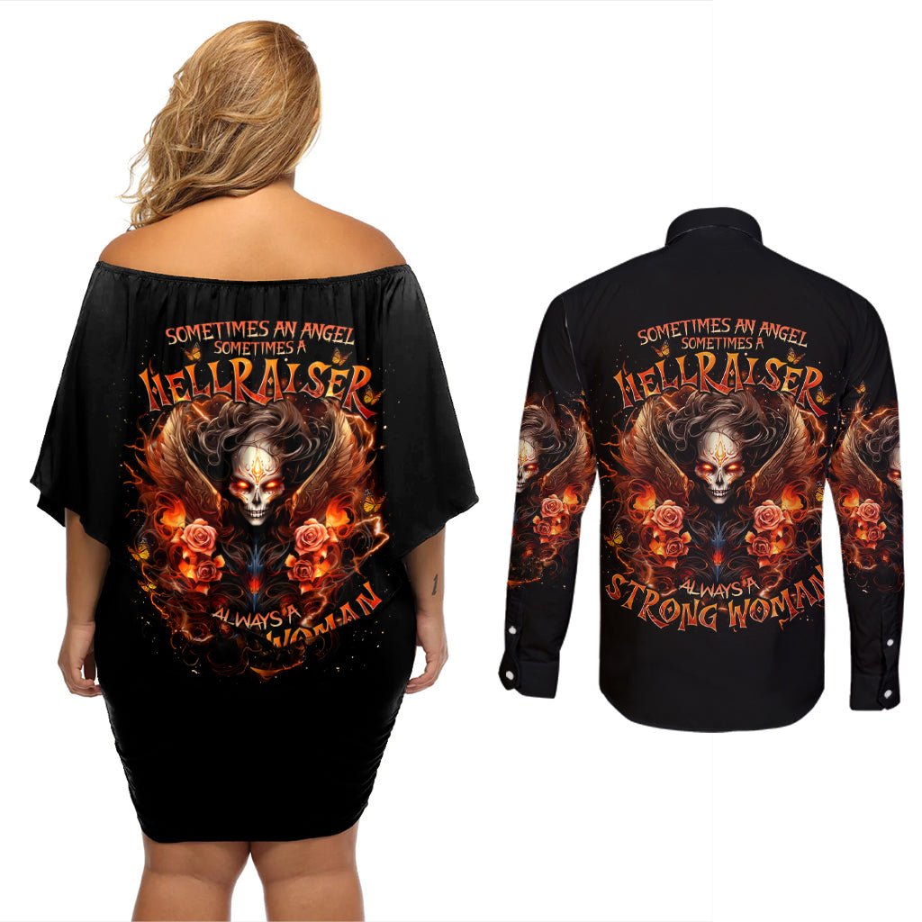 Angel Skull Couples Matching Off Shoulder Short Dress and Long Sleeve Button Shirt Sometimes An Angel Sometimes A Hellrasier DT01 - The Mazicc - S - S - Black