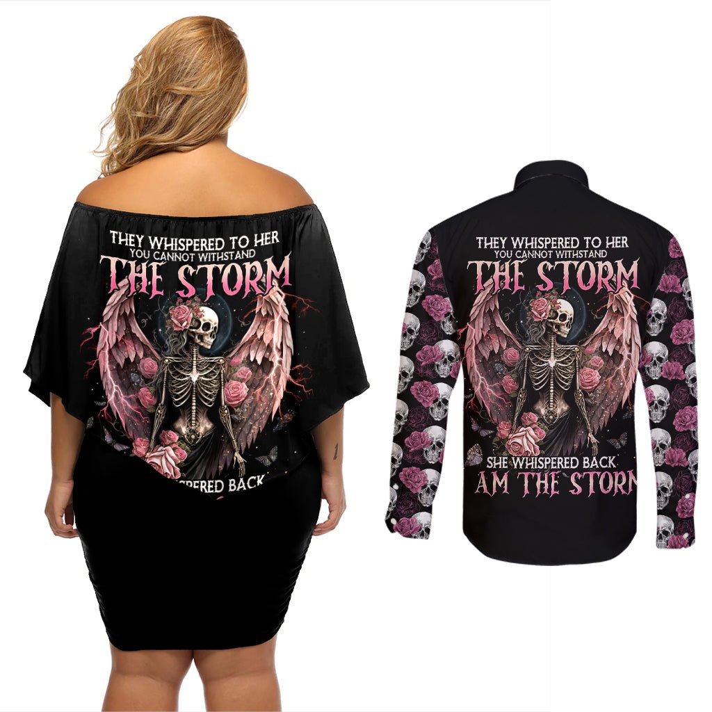 Angel Skull Couples Matching Off Shoulder Short Dress and Long Sleeve Button Shirts She Whispered Back Iam The Storm DT01 - The Mazicc - S - S - Black