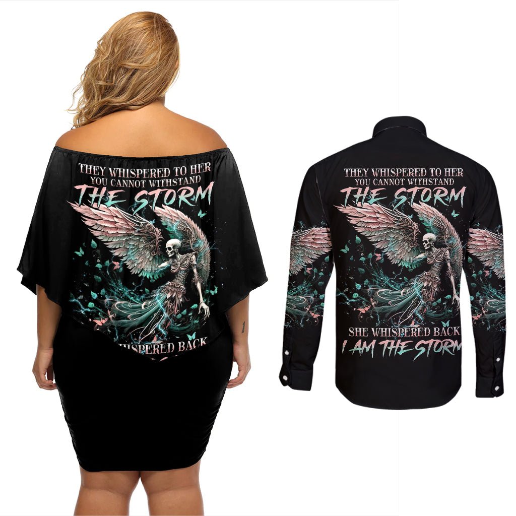 Angel Skull Couples Matching Off Shoulder Short Dress and Long Sleeve Button Shirts She Whispered Back Iam The Storm DT01 - The Mazicc - S - S - Black