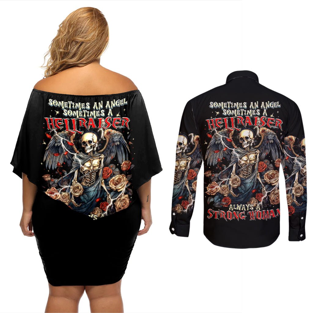 Angel Skull Couples Matching Off Shoulder Short Dress and Long Sleeve Button Shirts Sometimes An Angel Sometimes A Hellraiser DT01 - The Mazicc - S - S - Black