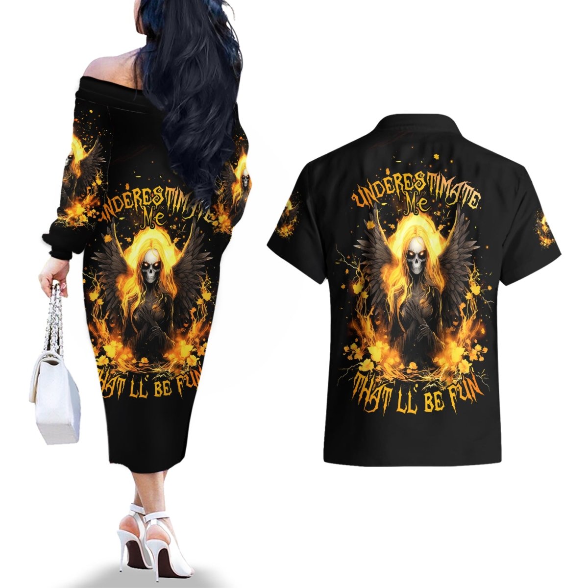 Angel Skull Couples Matching Off The Shoulder Long Sleeve Dress and Hawaiian Shirt Underestimate Me That 'll Be Fun DT01 - The Mazicc - S - S - Black