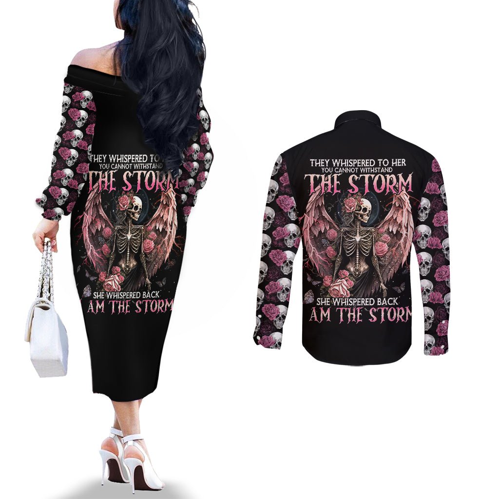 Angel Skull Couples Matching Off The Shoulder Long Sleeve Dress and Long Sleeve Button Shirts She Whispered Back Iam The Storm DT01 - The Mazicc - S - S - Black