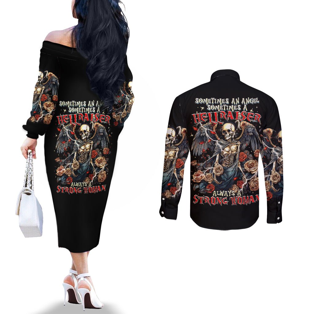 Angel Skull Couples Matching Off The Shoulder Long Sleeve Dress and Long Sleeve Button Shirts Sometimes An Angel Sometimes A Hellraiser DT01 - The Mazicc - S - S - Black