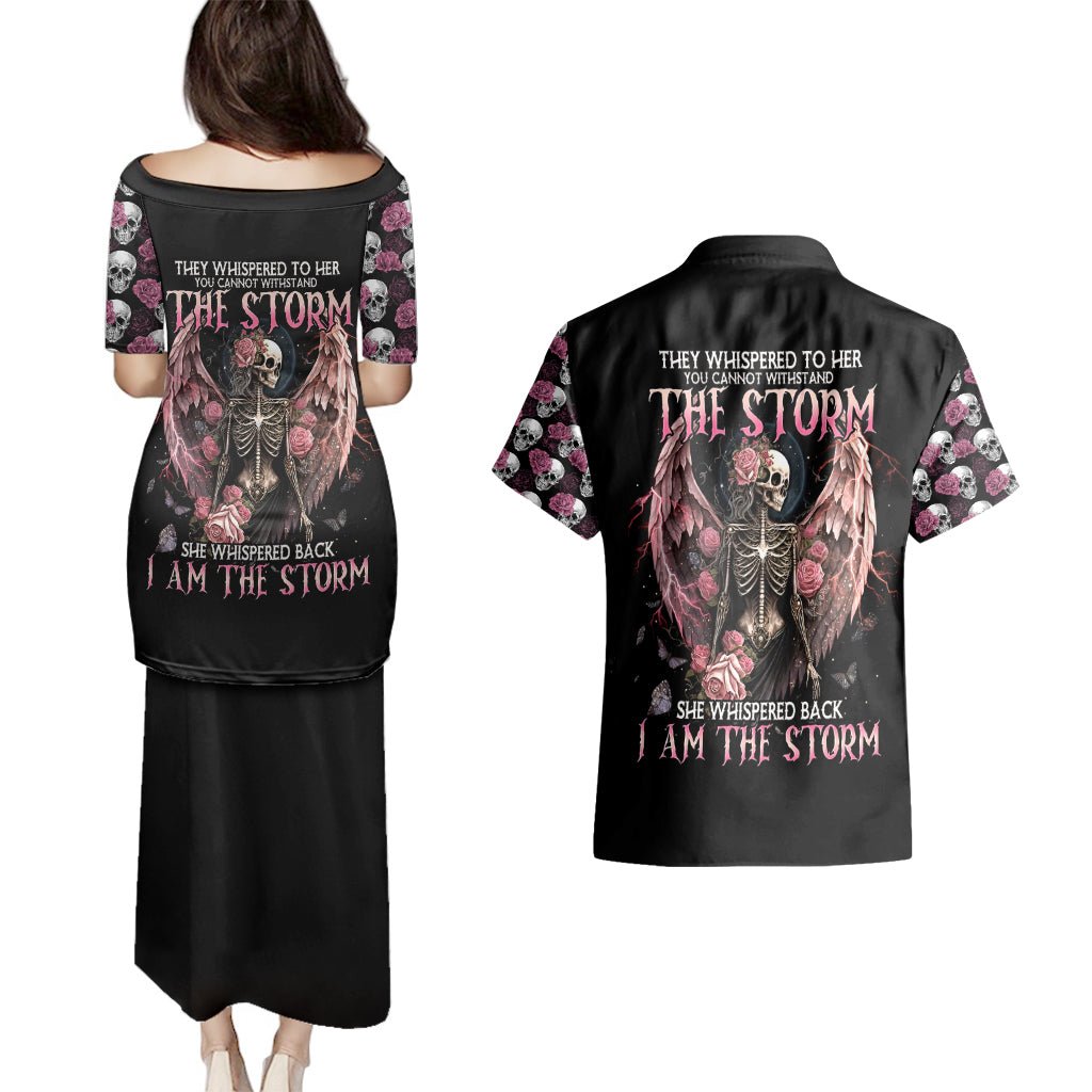 Angel Skull Couples Matching Puletasi Dress and Hawaiian Shirt She Whispered Back Iam The Storm DT01 - The Mazicc - S - S - Black