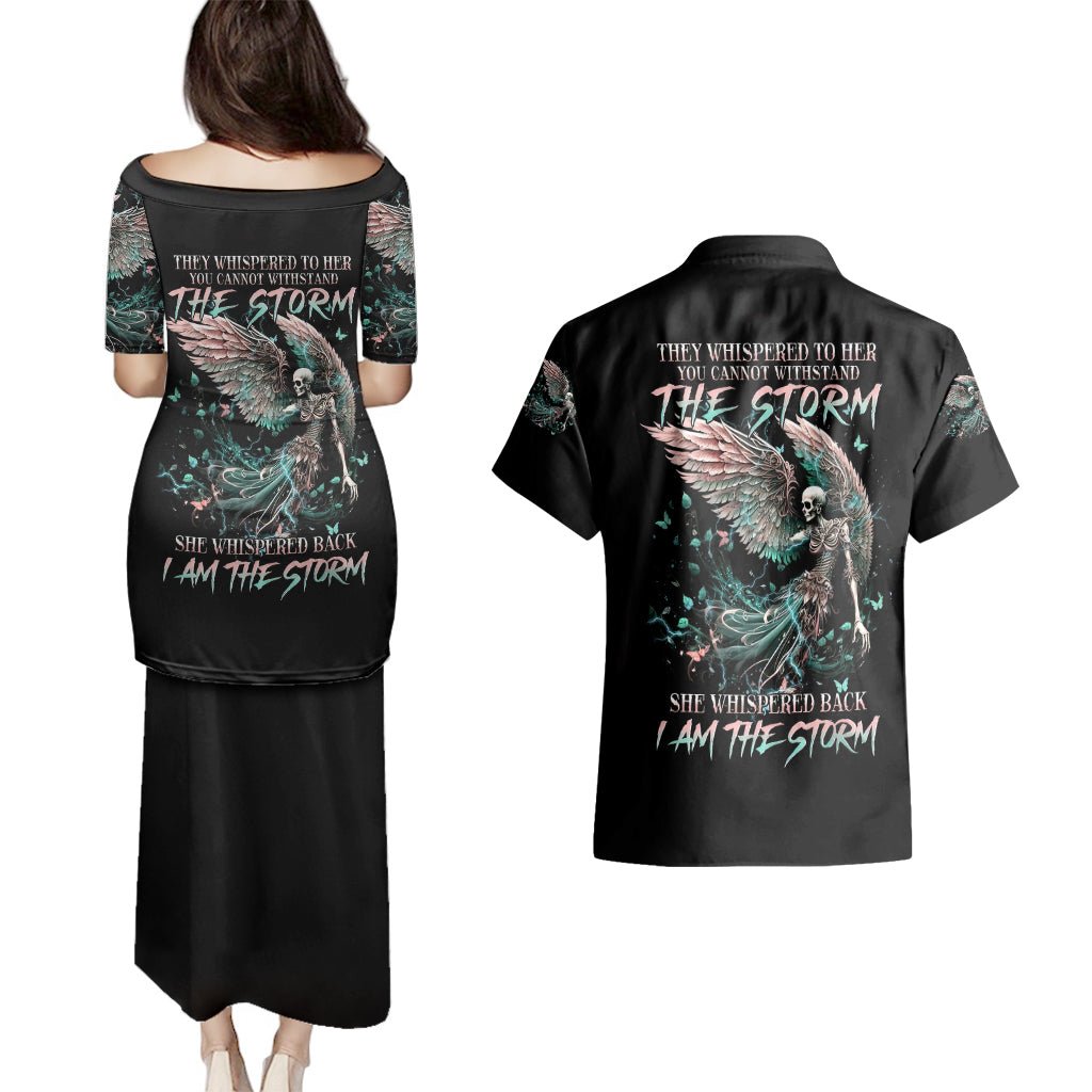 Angel Skull Couples Matching Puletasi Dress and Hawaiian Shirt She Whispered Back Iam The Storm DT01 - The Mazicc - S - S - Black