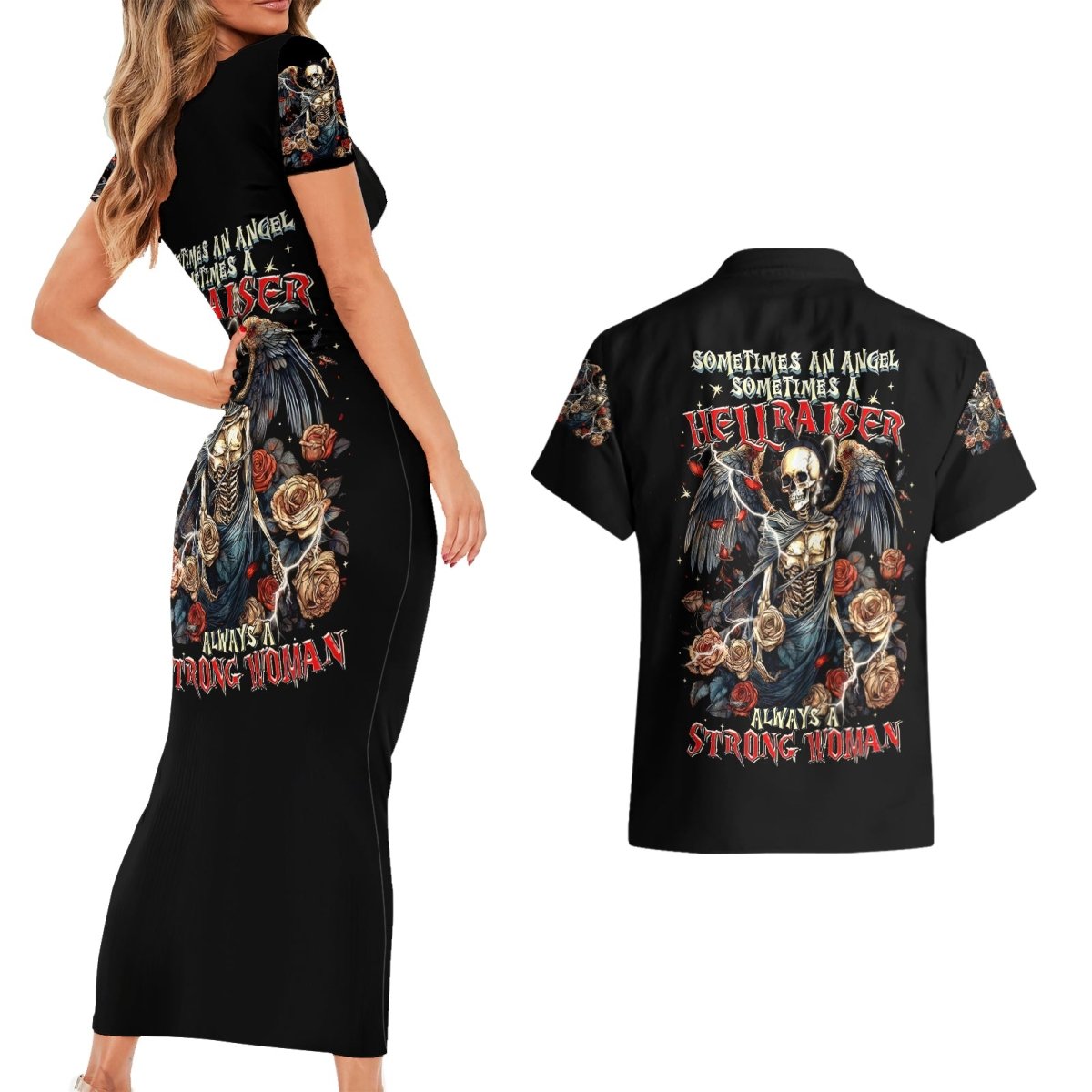 Angel Skull Couples Matching Short Sleeve Bodycon Dress and Hawaiian Shirt Sometimes An Angel Sometimes A Hellraiser DT01 - The Mazicc - S - S - Black