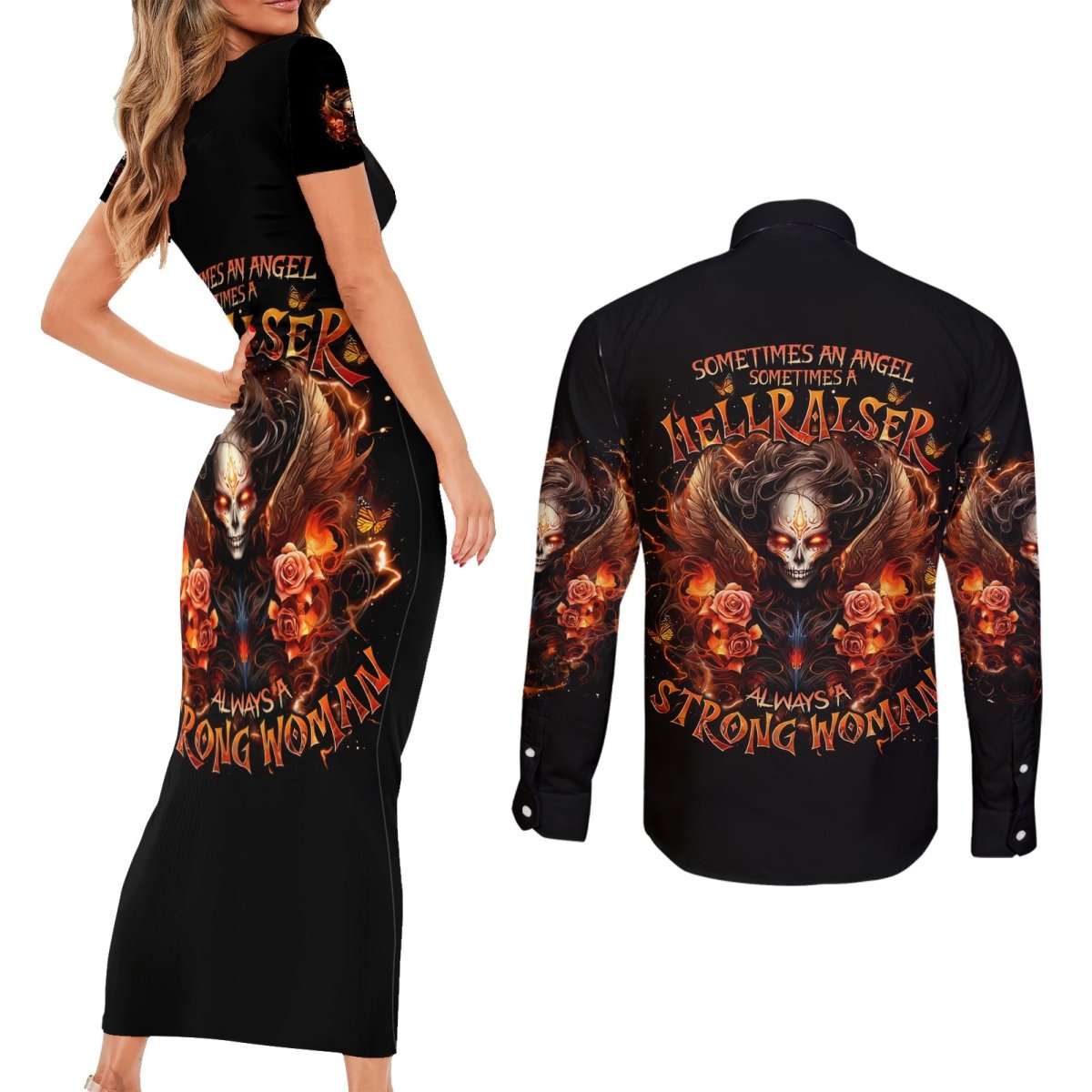 Angel Skull Couples Matching Short Sleeve Bodycon Dress and Long Sleeve Button Shirt Sometimes An Angel Sometimes A Hellrasier DT01 - The Mazicc - S - S - Black