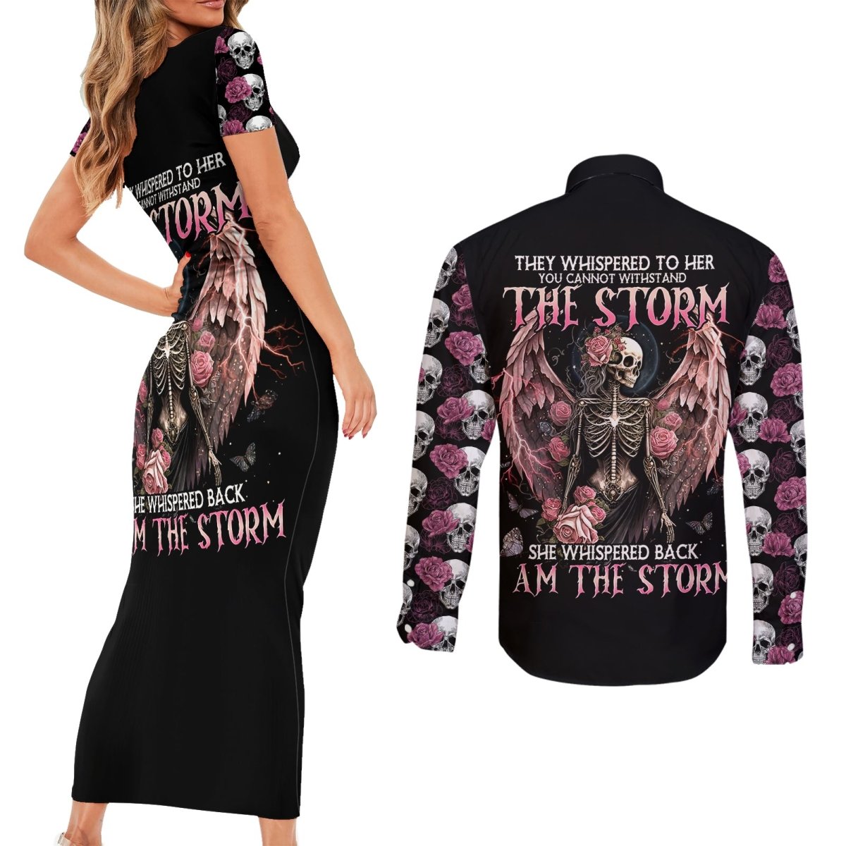 Angel Skull Couples Matching Short Sleeve Bodycon Dress and Long Sleeve Button Shirts She Whispered Back Iam The Storm DT01 - The Mazicc - S - S - Black