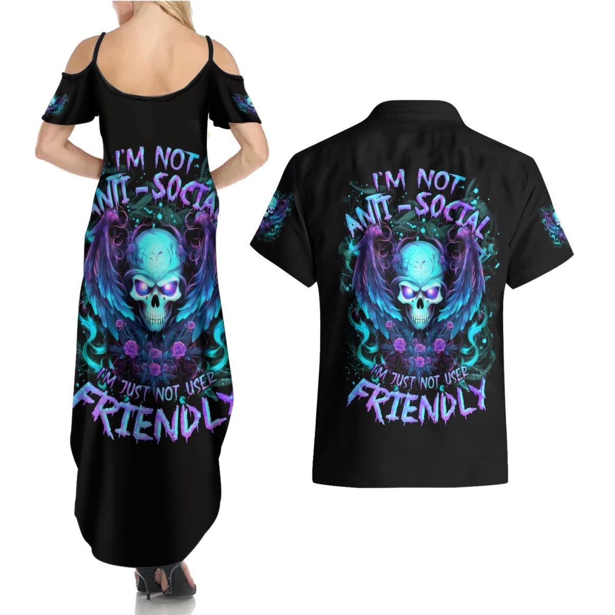 Angel Skull Couples Matching Summer Maxi Dress and Hawaiian Shirt I'm Not Anti-Social I'm Just Not User Friendly DT01 - The Mazicc - S - S - Black