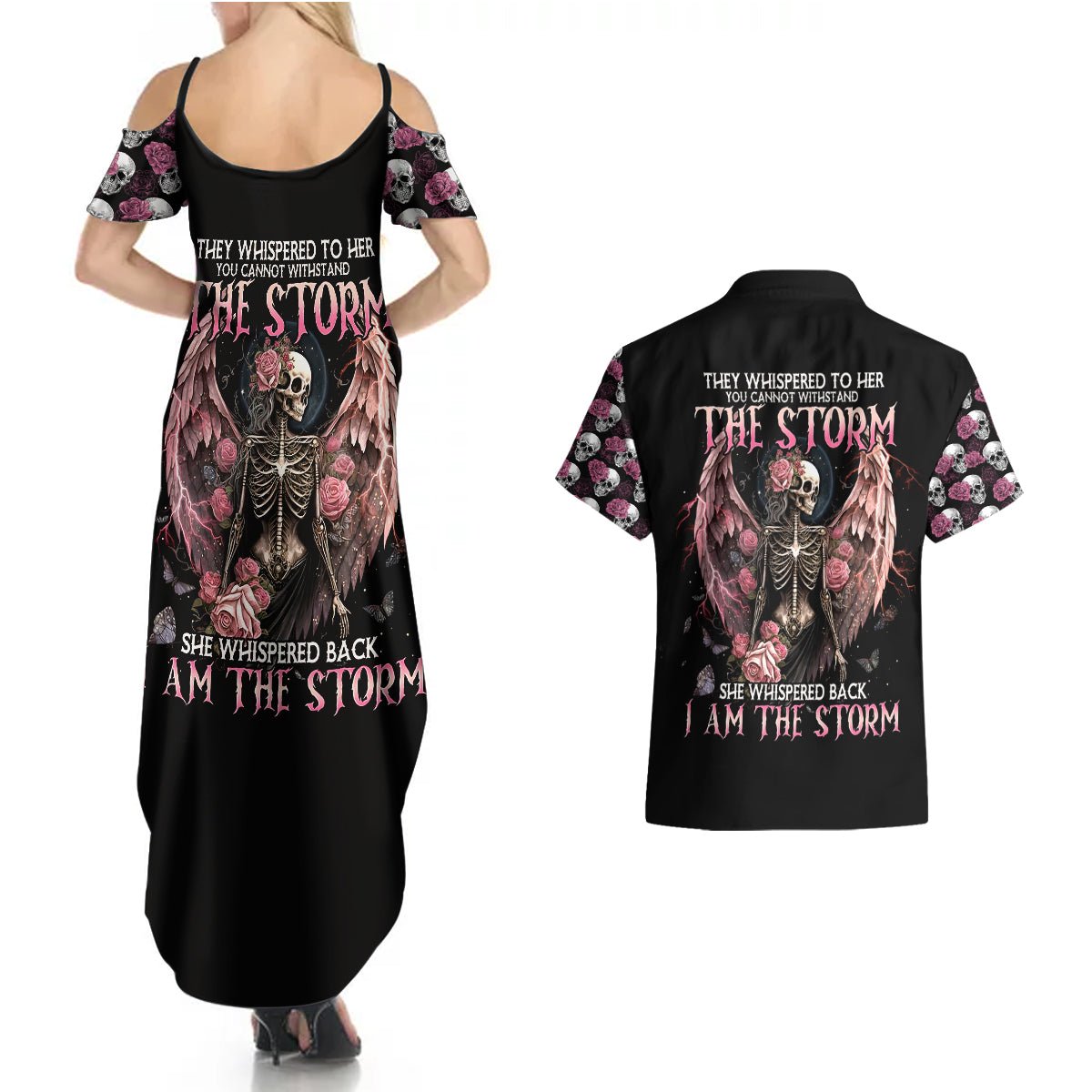 Angel Skull Couples Matching Summer Maxi Dress and Hawaiian Shirt She Whispered Back Iam The Storm DT01 - The Mazicc - S - S - Black