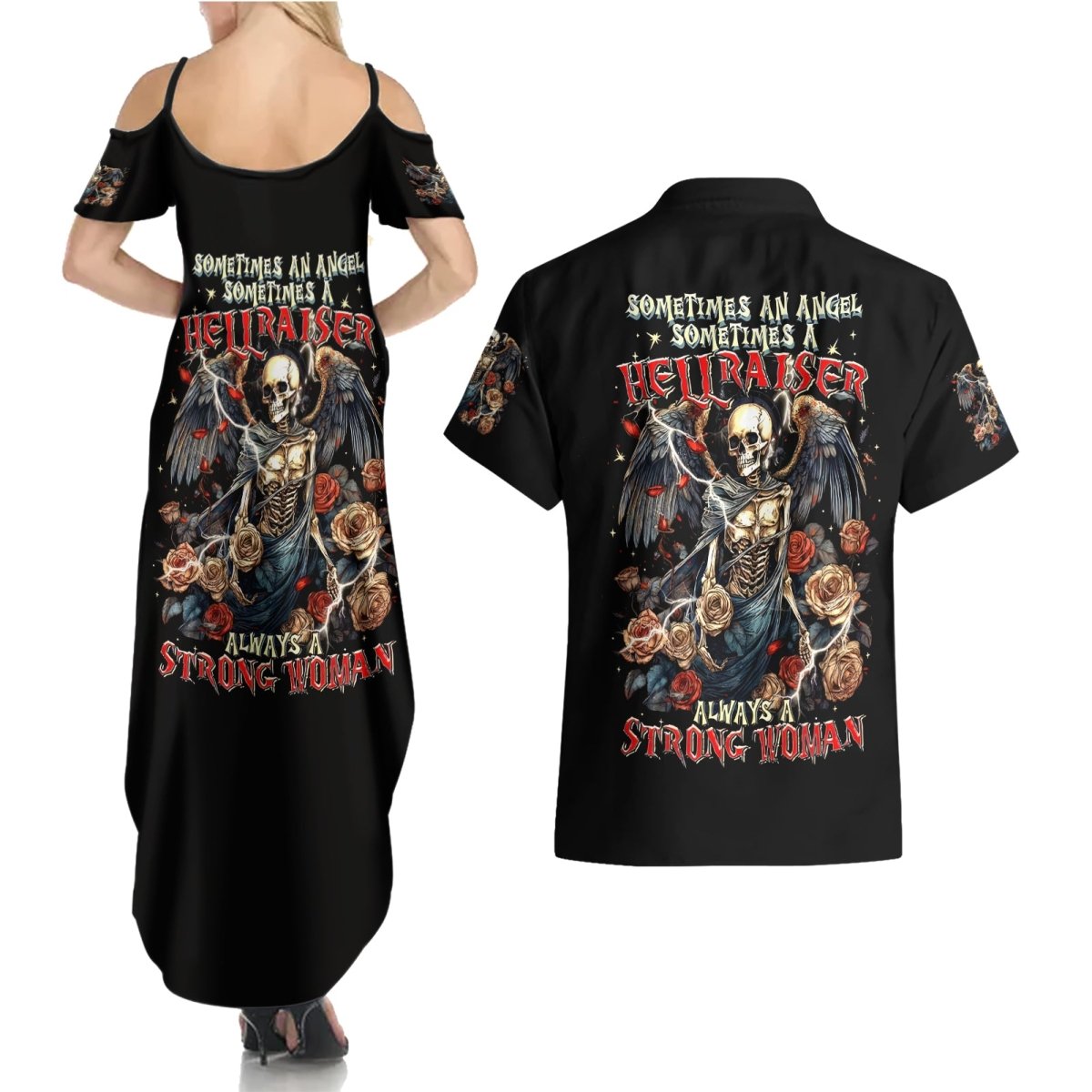 Angel Skull Couples Matching Summer Maxi Dress and Hawaiian Shirt Sometimes An Angel Sometimes A Hellraiser DT01 - The Mazicc - S - S - Black