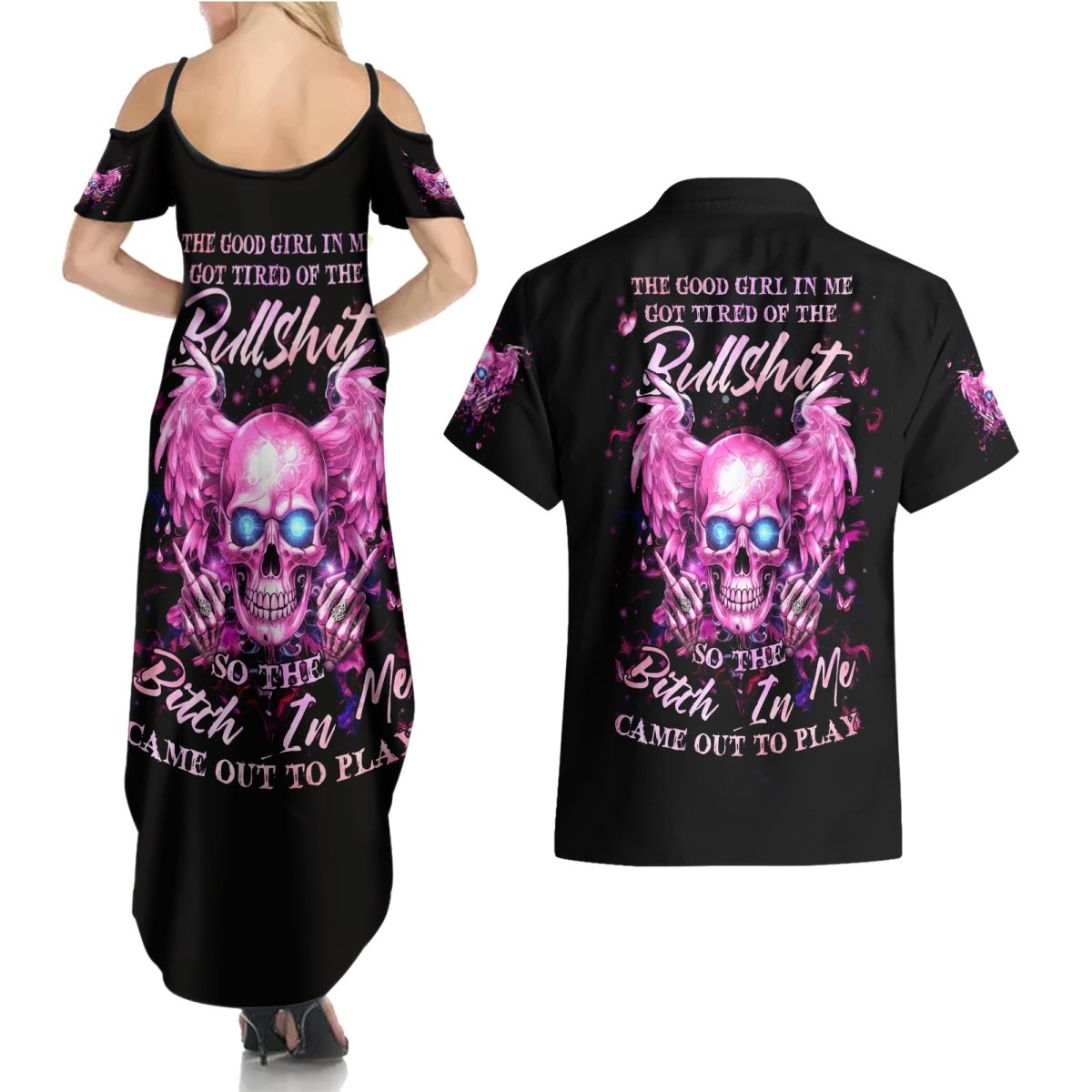 Angel Skull Couples Matching Summer Maxi Dress and Hawaiian Shirt The Good Girl In Me Got Tired Of The Bullshit DT01 - The Mazicc - S - S - Black