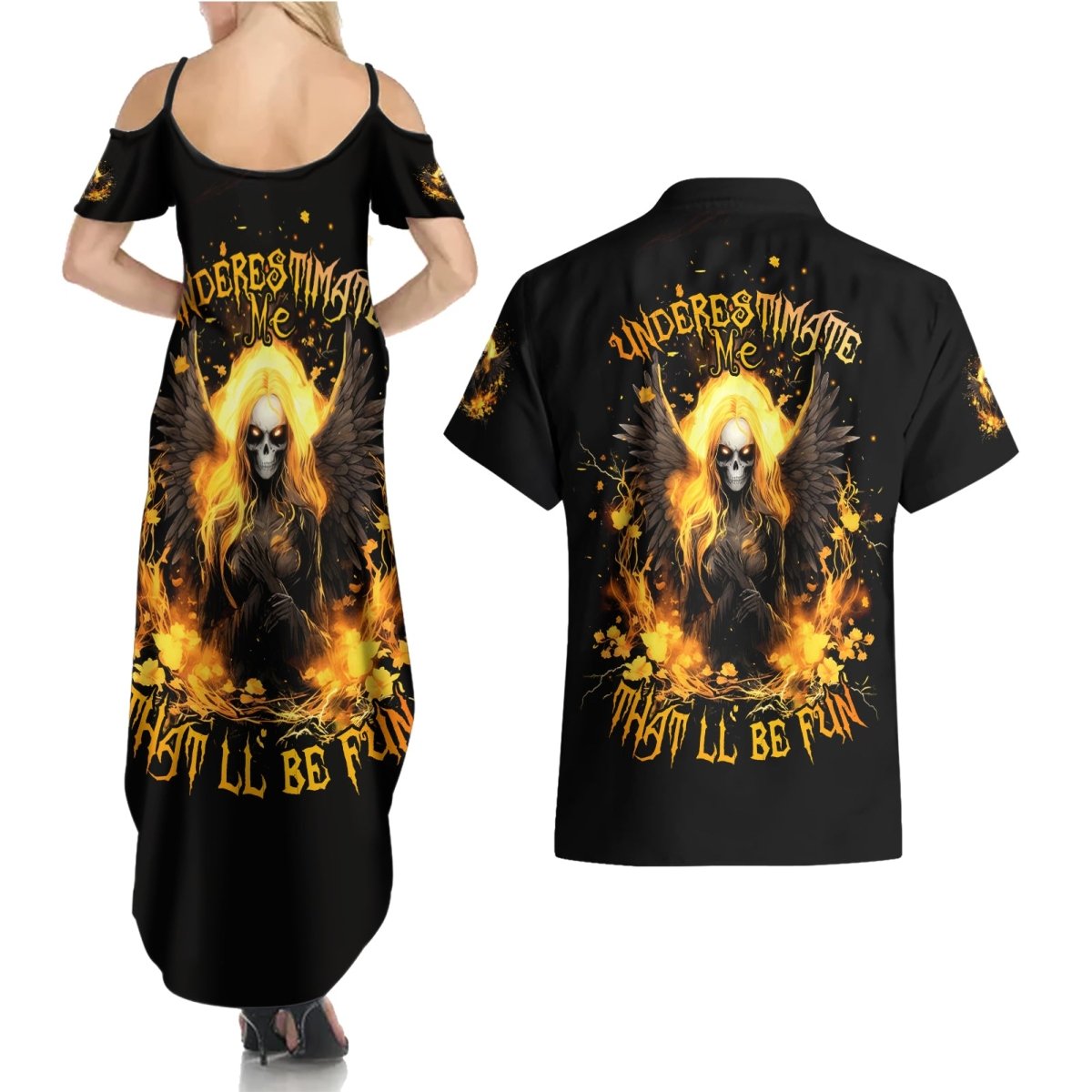 Angel Skull Couples Matching Summer Maxi Dress and Hawaiian Shirt Underestimate Me That 'll Be Fun DT01 - The Mazicc - S - S - Black