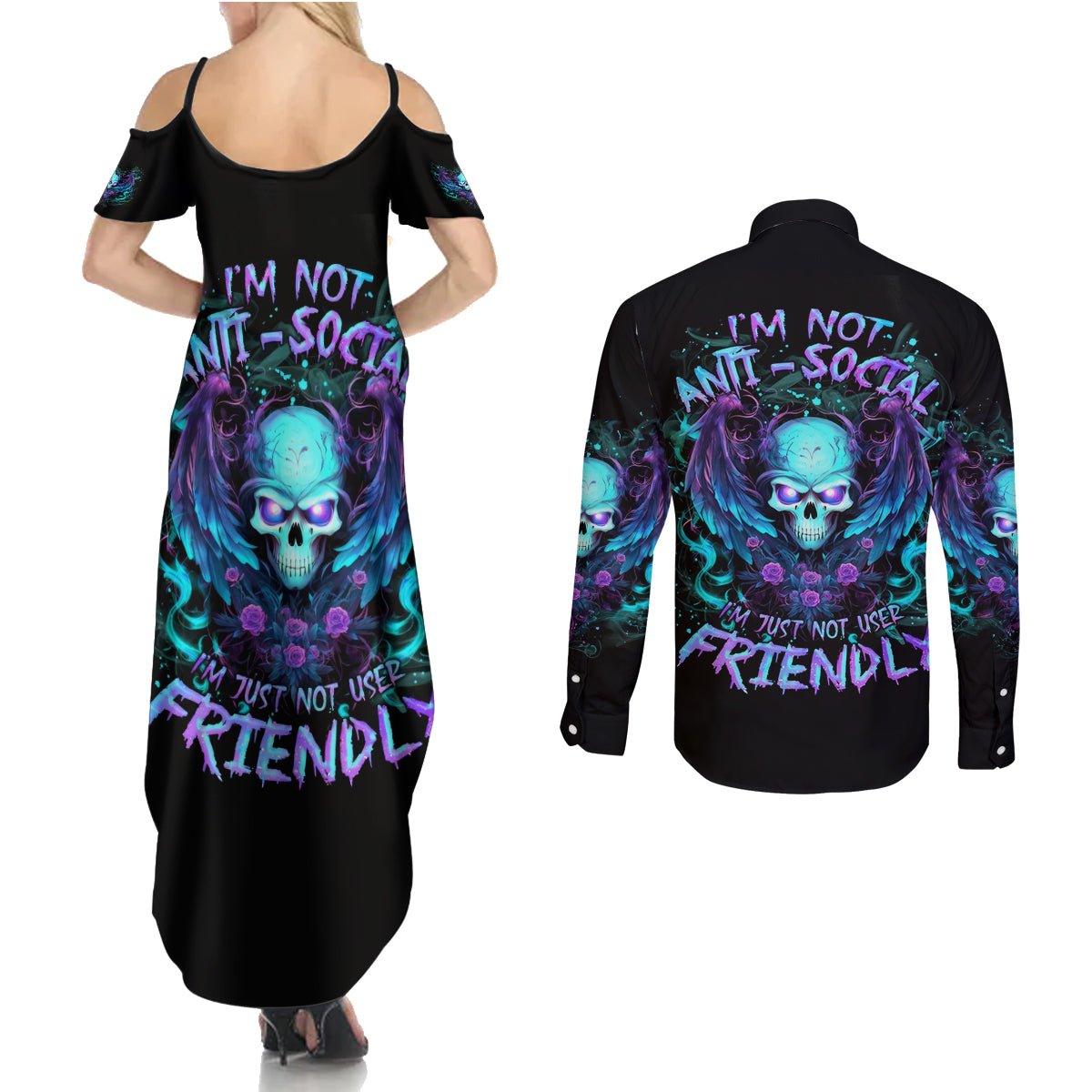 Angel Skull Couples Matching Summer Maxi Dress and Long Sleeve Button Shirt I'm Not Anti-Social I'm Just Not User Friendly DT01 - The Mazicc - S - S - Black