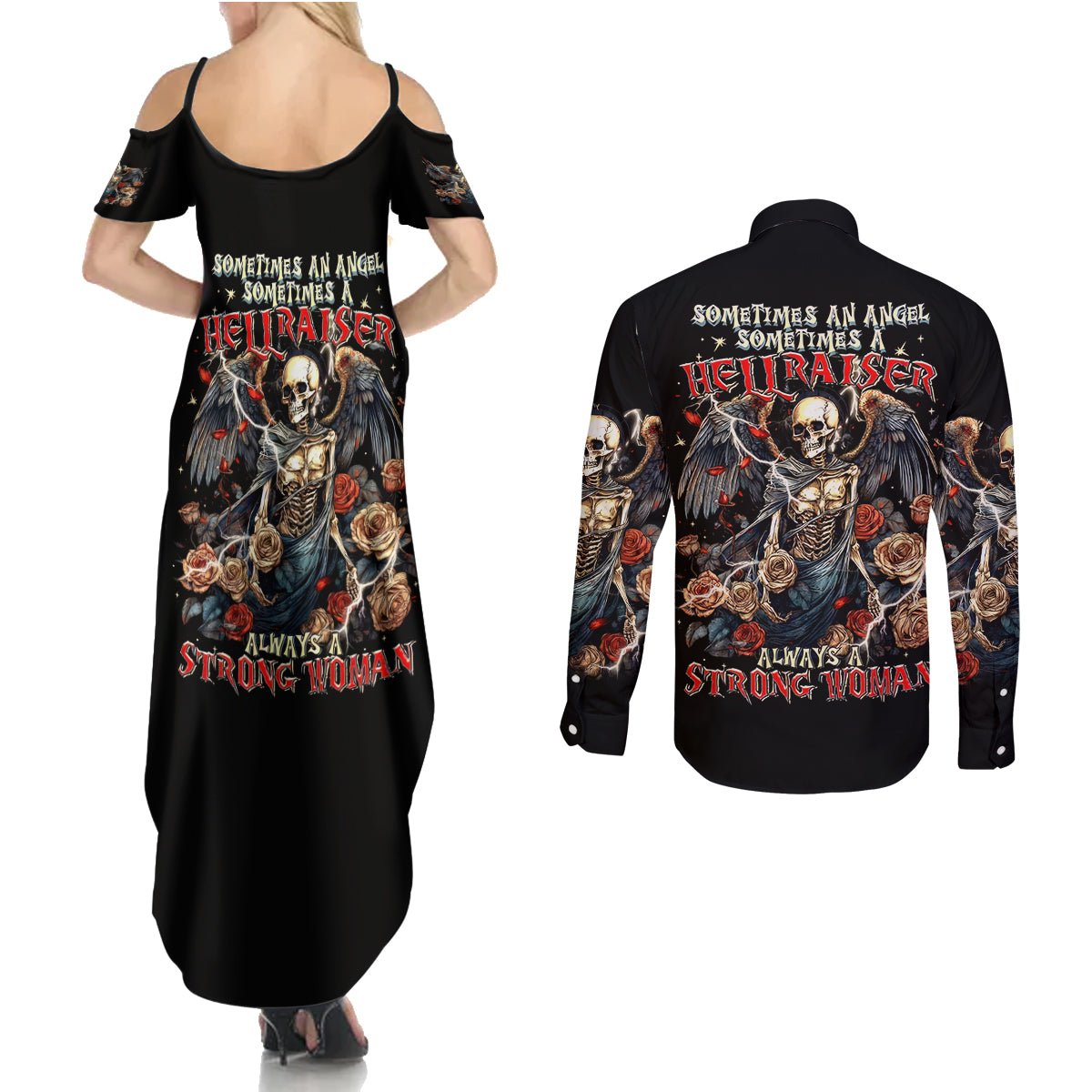 Angel Skull Couples Matching Summer Maxi Dress and Long Sleeve Button Shirt Sometimes An Angel Sometimes A Hellraiser DT01 - The Mazicc - S - S - Black