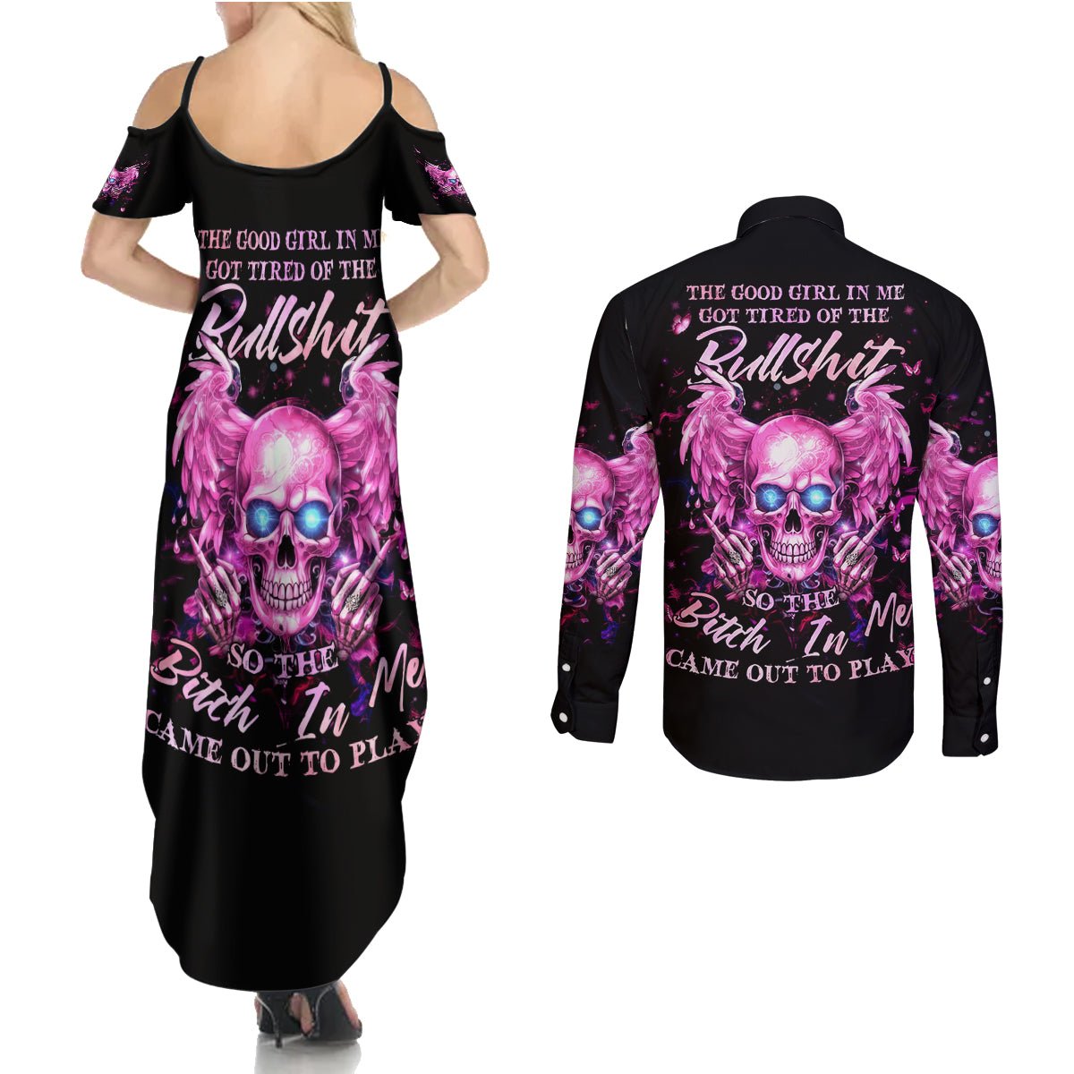 Angel Skull Couples Matching Summer Maxi Dress and Long Sleeve Button Shirt The Good Girl In Me Got Tired Of The Bullshit DT01 - The Mazicc - S - S - Black