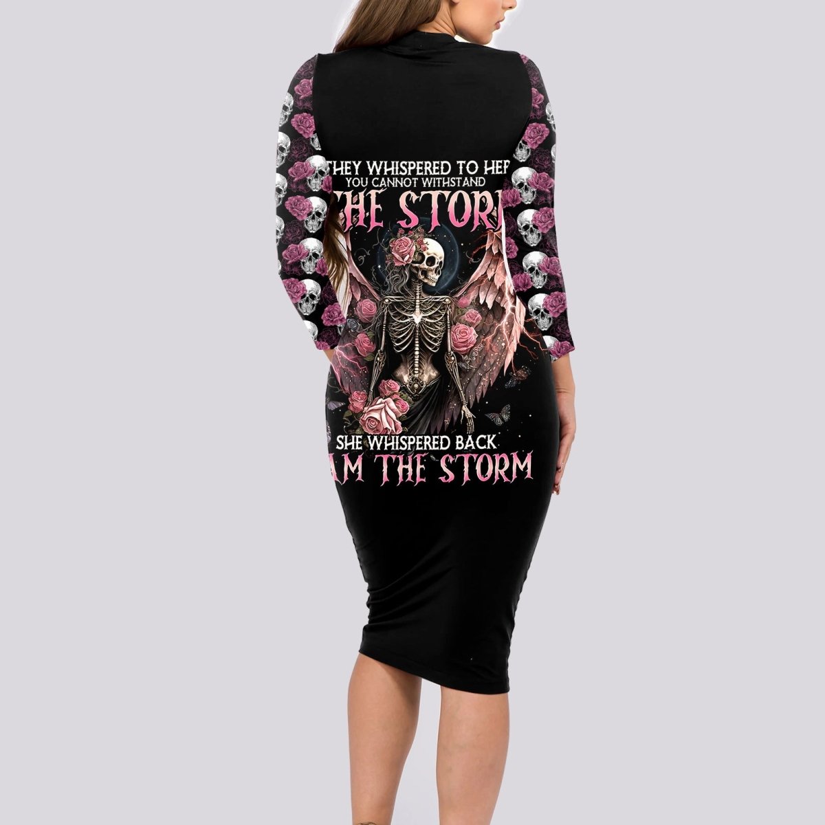 Angel Skull Long Sleeve Bodycon Dress She Whispered Back Iam The Storm DT01 - The Mazicc - Long Dress - S - Black