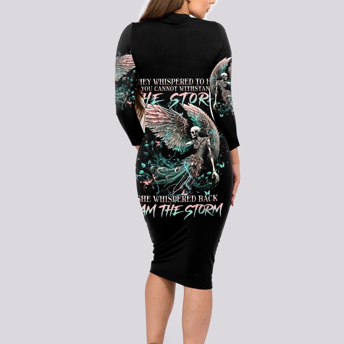 Angel Skull Long Sleeve Bodycon Dress She Whispered Back Iam The Storm DT01 - The Mazicc - Long Dress - S - Black