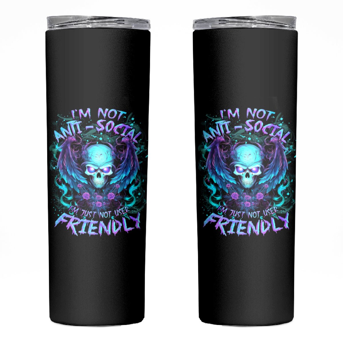 Angel Skull Skinny Tumbler I'm Not Anti-Social I'm Just Not User Friendly DT01 - The Mazicc - 20oz - Black -