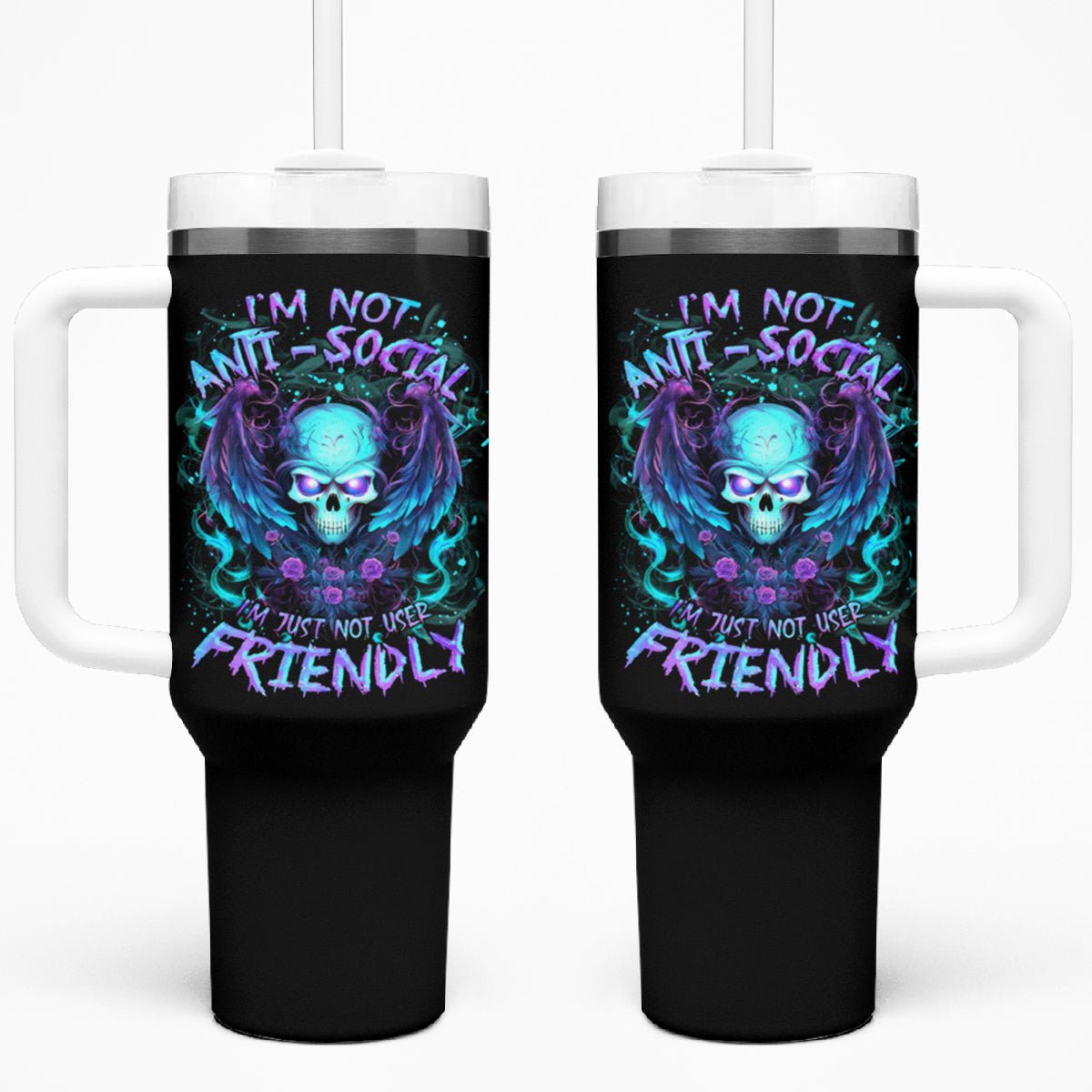 Angel Skull Tumbler With Handle I'm Not Anti-Social I'm Just Not User Friendly DT01 - The Mazicc - One Size: 40 oz - Black -