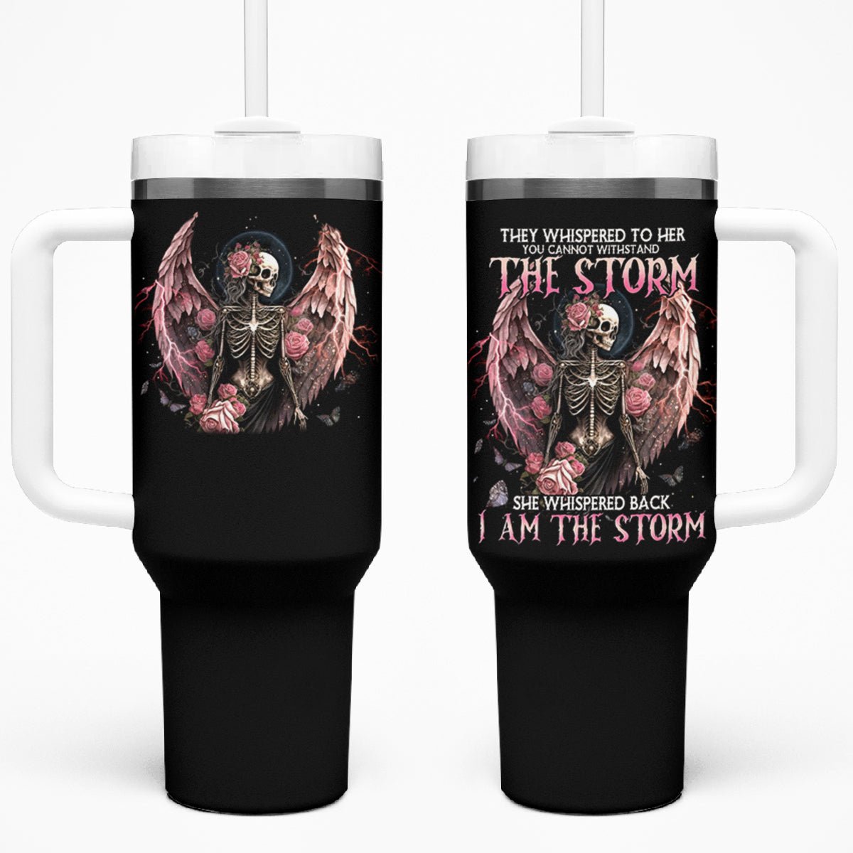 Angel Skull Tumbler With Handle She Whispered Back Iam The Storm DT01 - The Mazicc - One Size: 40 oz - Black -