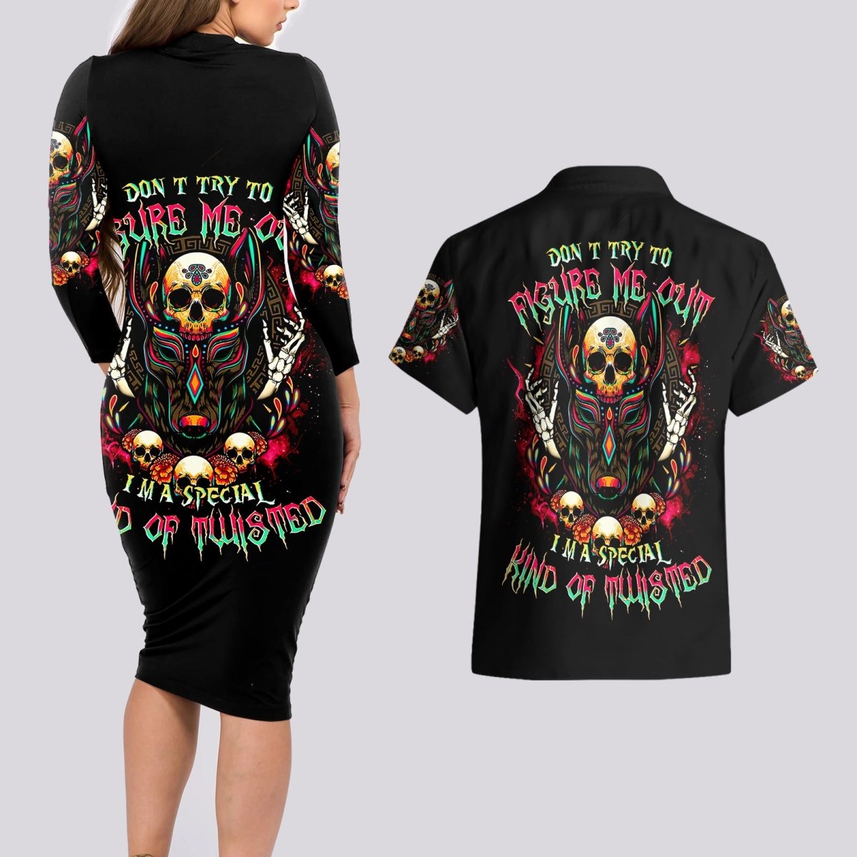 Anubis Skull Couples Matching Long Sleeve Bodycon Dress and Hawaiian Shirt Skull Anubis Don't Try To Figured Me Out DT01 - The Mazicc - S - S - Black